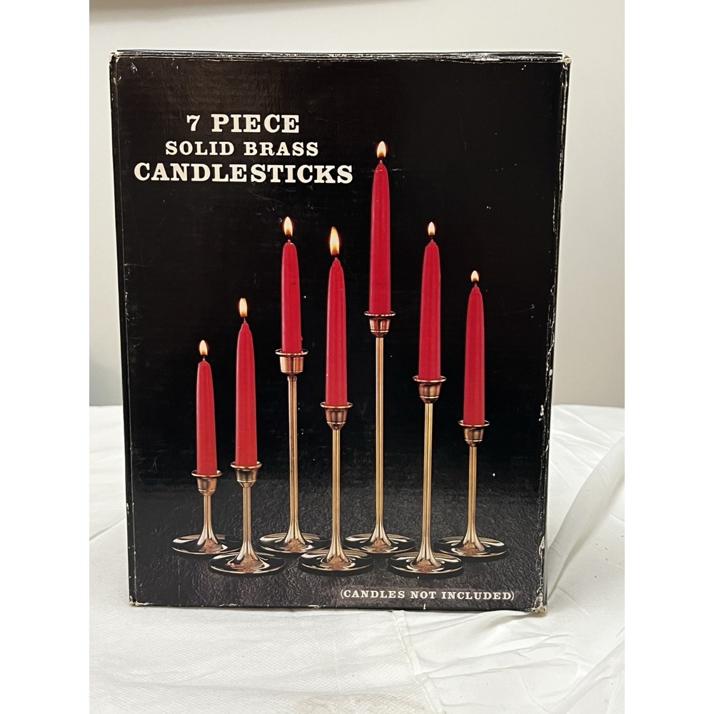 Vintage 7 Piece Solid Brass Candlesticks Set Skinny Candle Holders Tall Slender